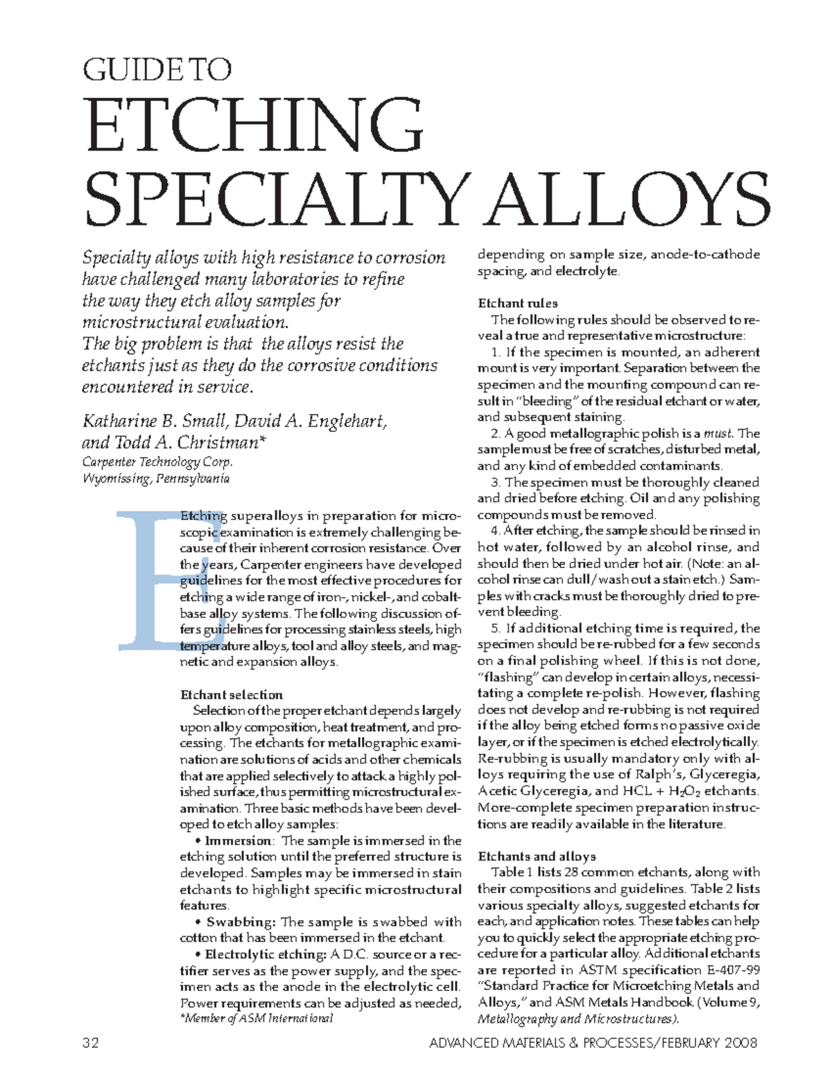 Guide to etching specialty alloys Katharine Small Ciência dos
