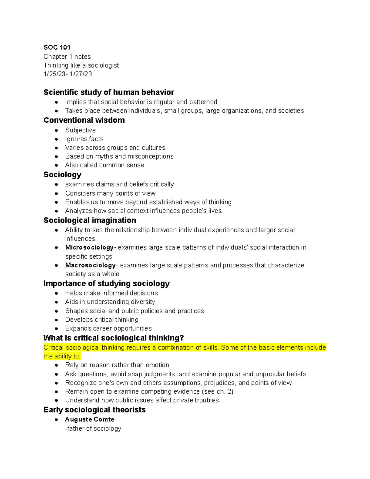 SOC 101 ch 1 notes - SOC 101 Chapter 1 notes Thinking like a ...