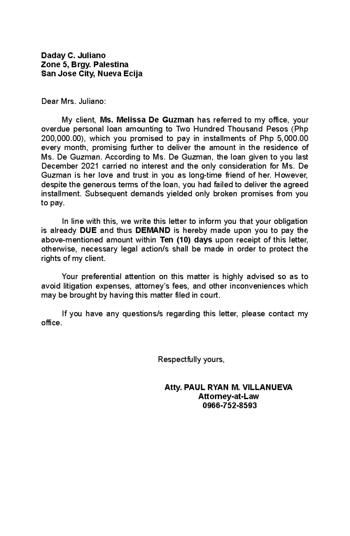 01 demand-letter OK - fadsjfal - Daday C. Juliano Zone 5, Brgy ...