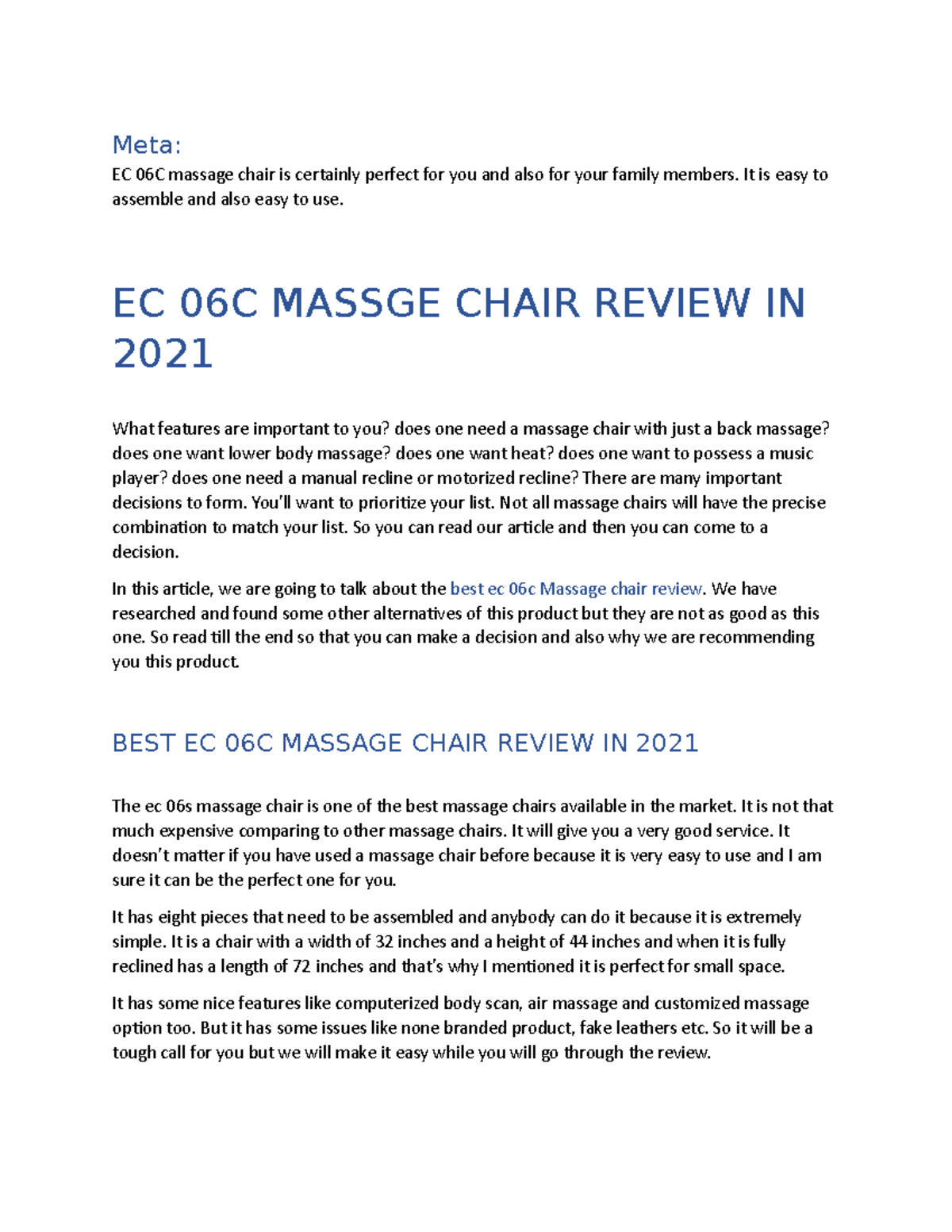 EC 06C Massge Chair Review IN 2021 Japanese Meta EC 06C massage