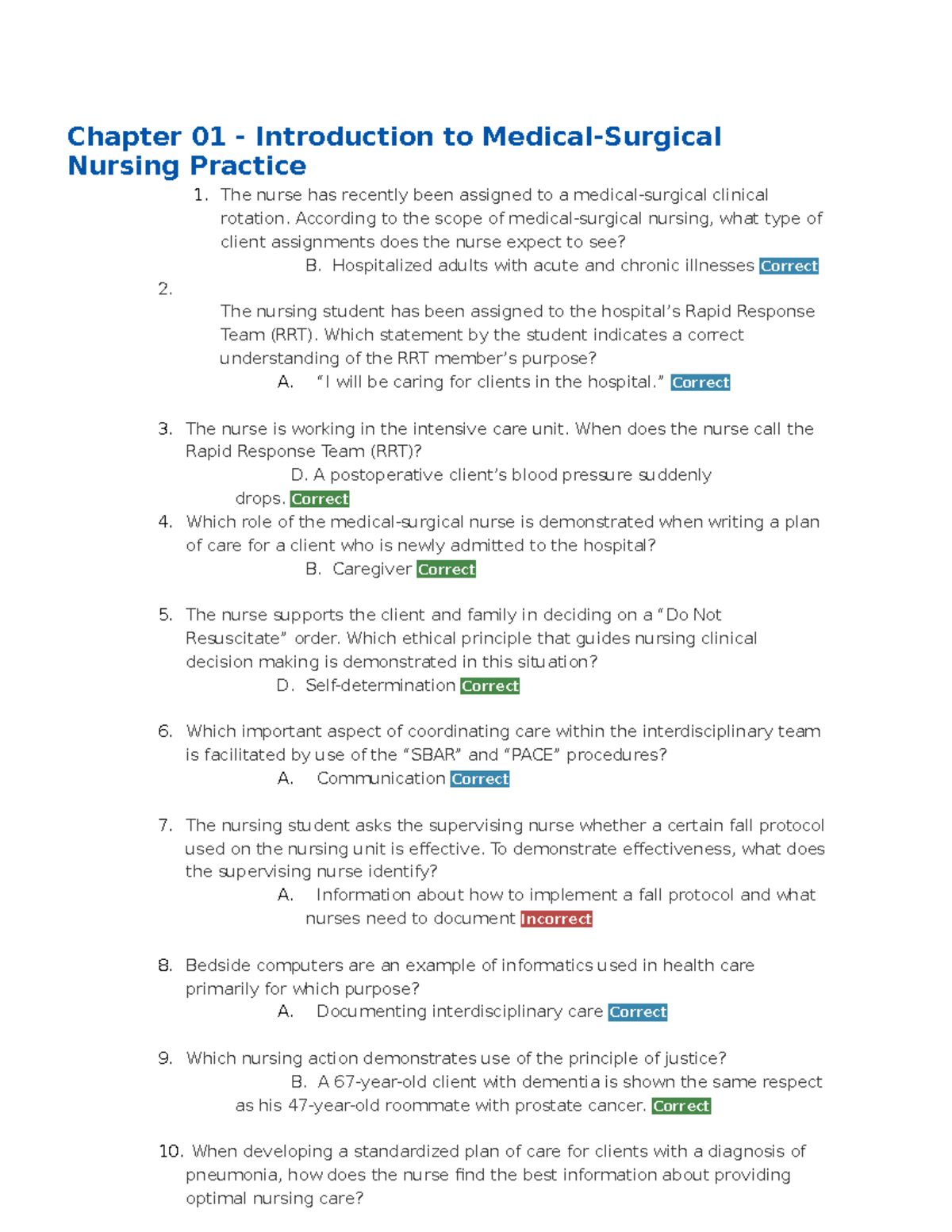 Med Surg Revision Questions - Chapter 01 - Introduction To Medical ...