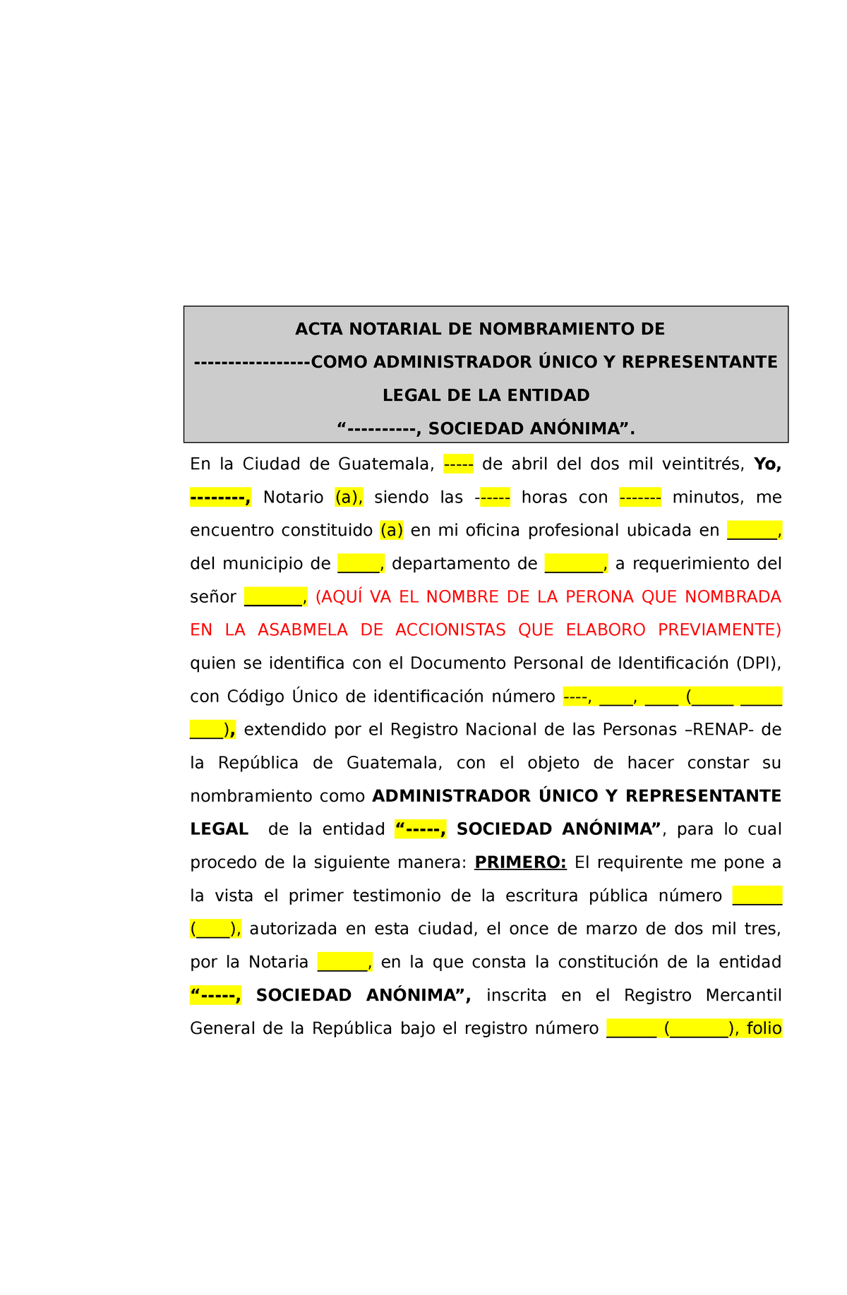 7 Nombramiento De Representante Legal Acta Notarial De Nombramiento