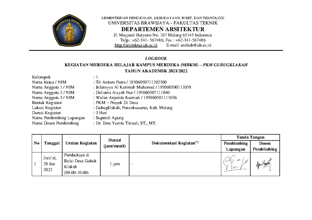 Kelompok 1 Logbook Kegiatan PKM - UNIVERSITAS BRAWIJAYA - FAKULTAS