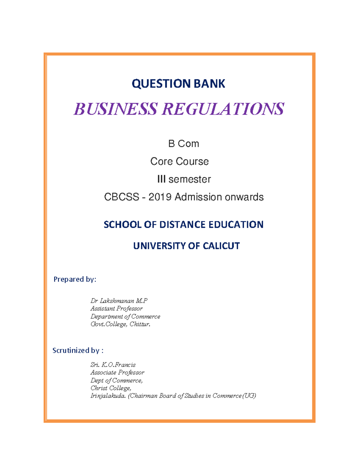 MCQ-III Sem-B Com -Business regulations - QUESTION BANK SCHOOL OF ...