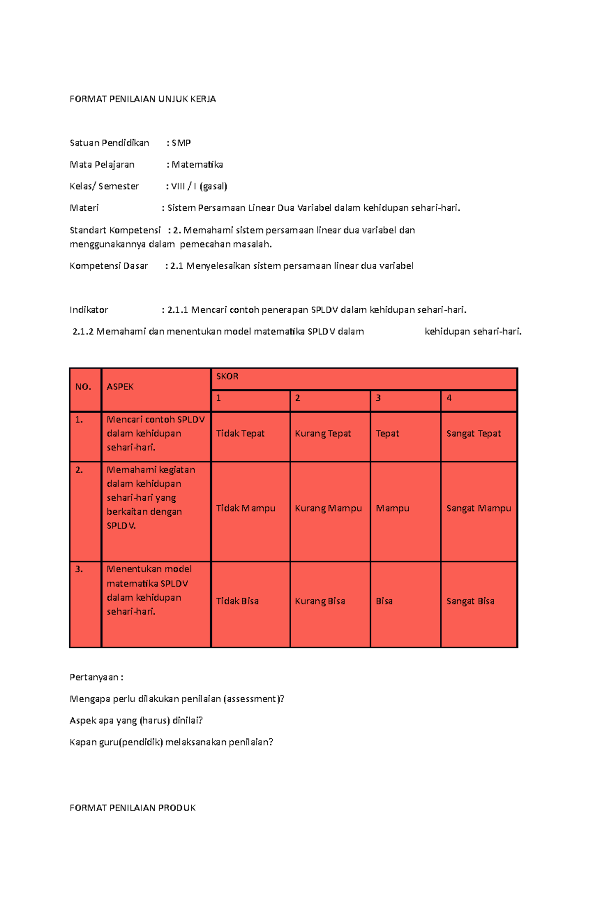 Contoh Soal Non Tes 1 Format Penilaian Unjuk Kerja Satuan Pendidikan