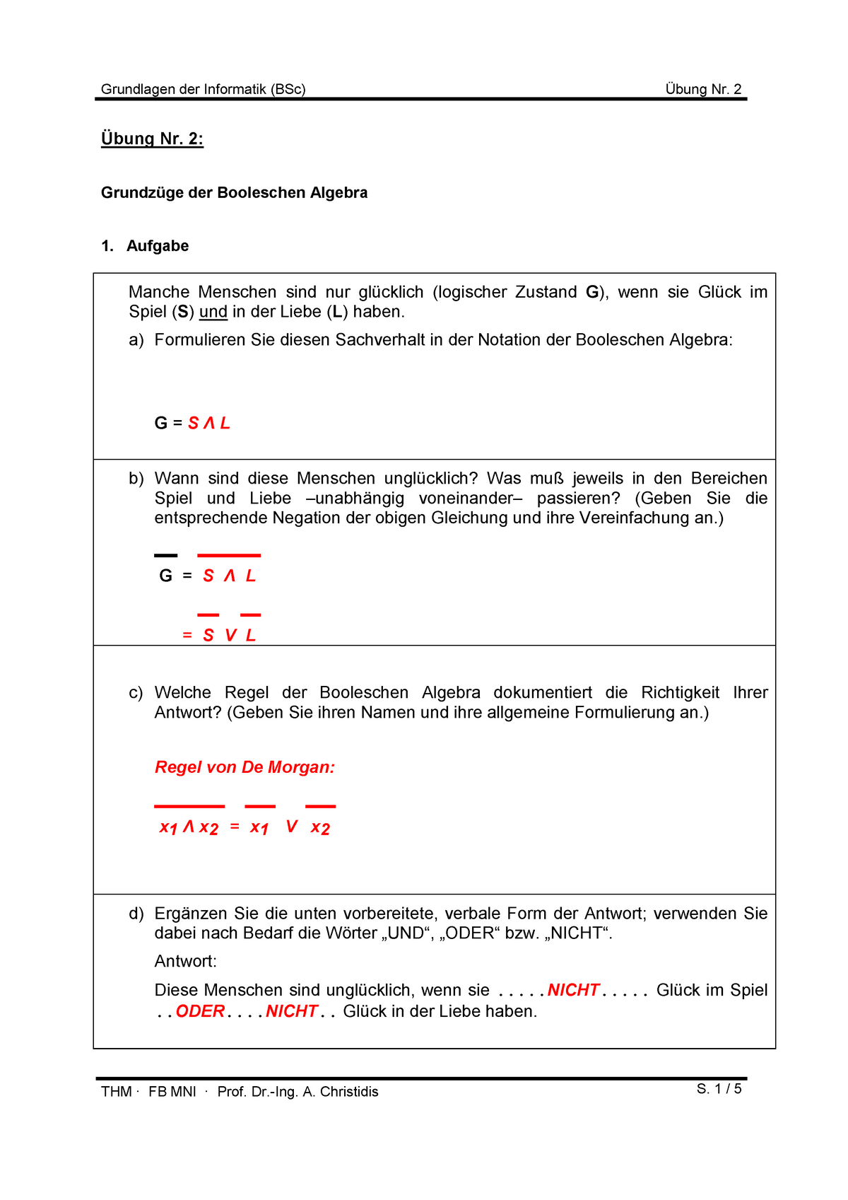 Lösung Übungsblatt 2 - Übung Nr. 2: Grundzüge Der Booleschen Algebra ...