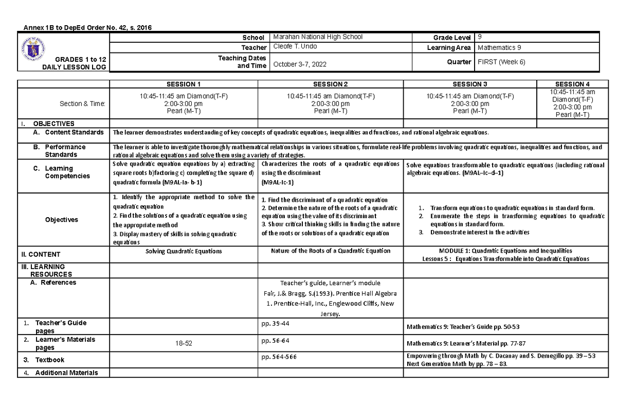 Q1-6th week - for reference - Annex 1B to DepEd Order No. 42, s. 2016 ...