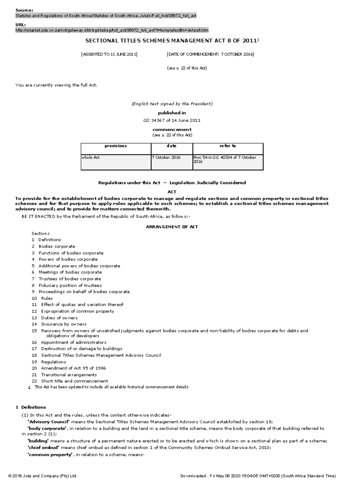Sectional Titles Schemes Management ACT 8 OF 2011 Studocu