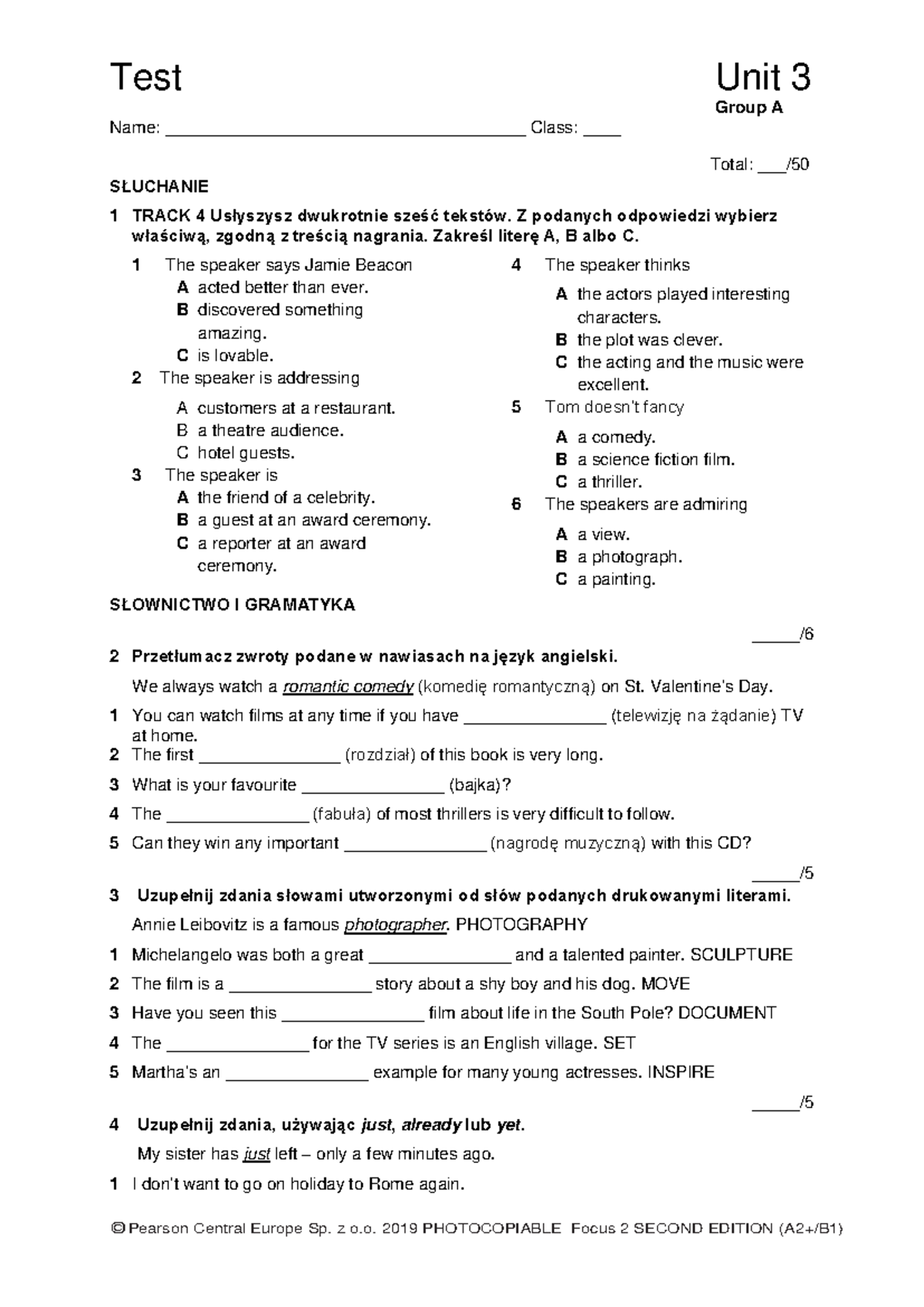 Focus 2 2ed Test Unit3 Group A 1kol - Group A Name