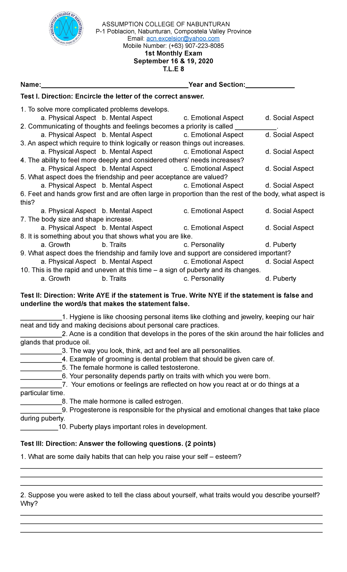 T.L.E 8 - lesson plan - ASSUMPTION COLLEGE OF NABUNTURAN P-1 Poblacion ...