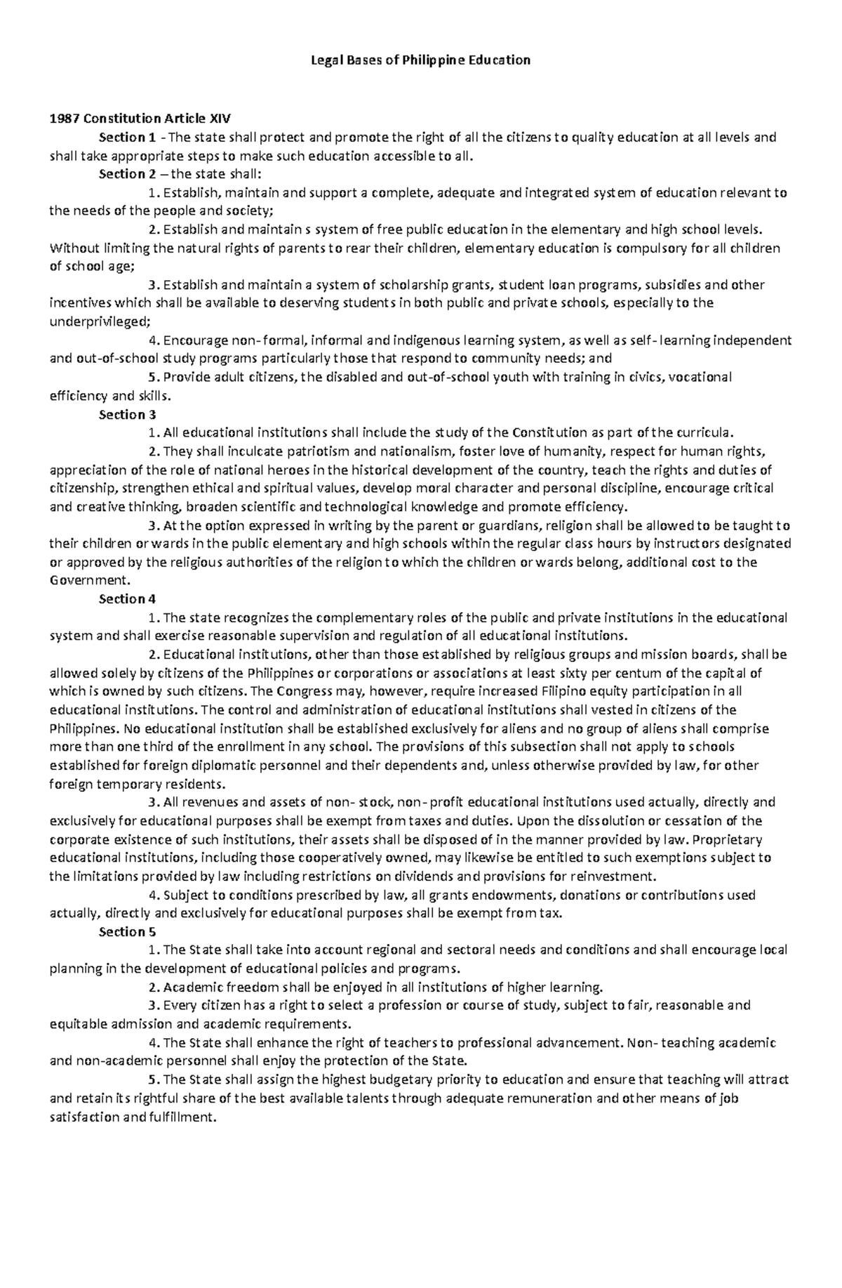 Legal Bases of Philippine Education - Section 2 – the state shall ...
