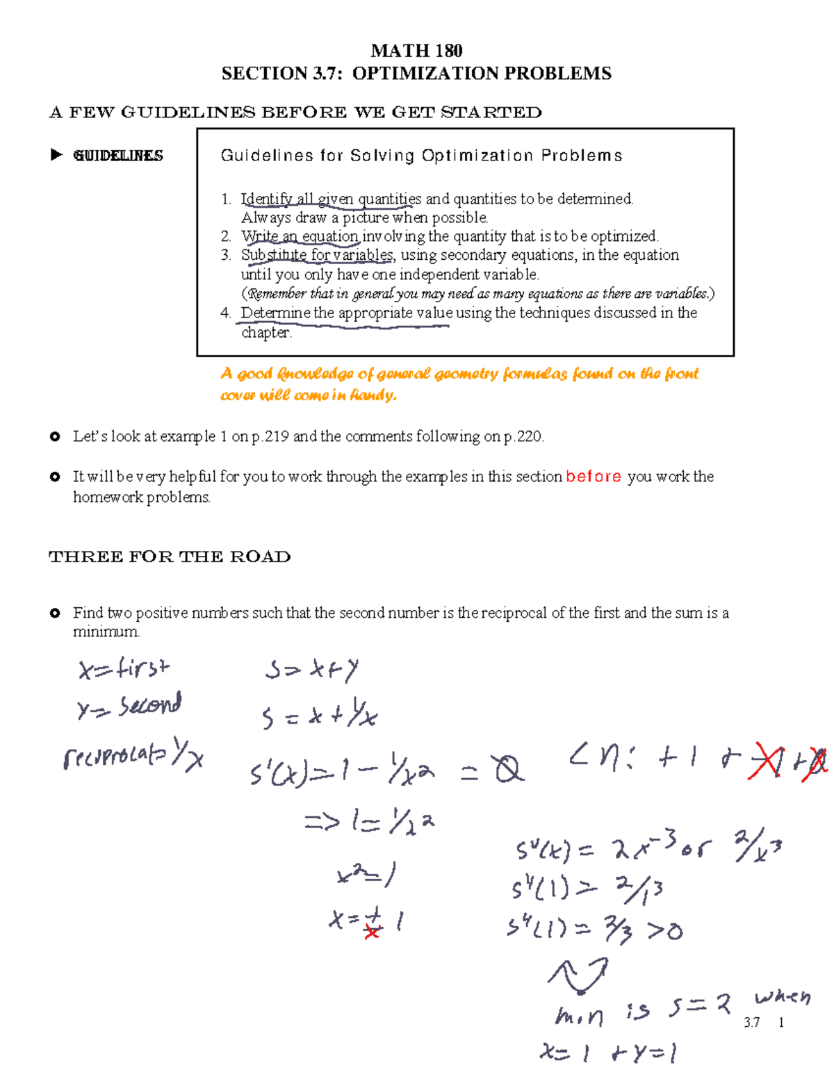Lesson 3.7 Calc 2 - 3 1 MATH 180 SECTION 3: OPTIMIZATION PROBLEMS A FEW ...