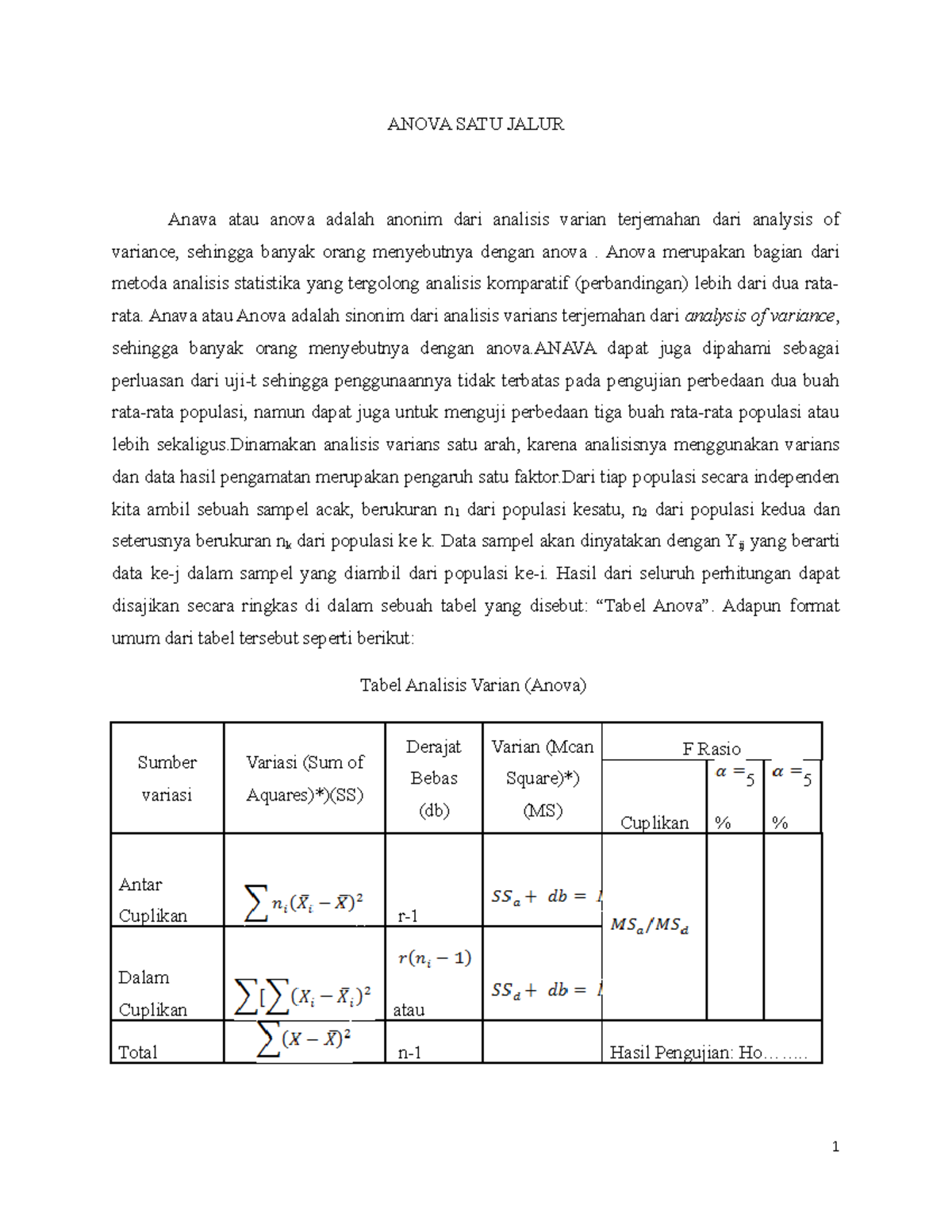 Anova SATU Jalur - Lecture Notes 2 - Design Of Experiment - Bakrie ...