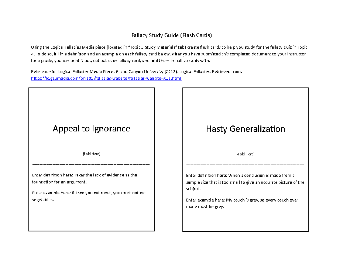 Fallacy Examples and definitions- complete - Fallacy Study Guide (Flash  Cards) Using the Logical - StuDocu