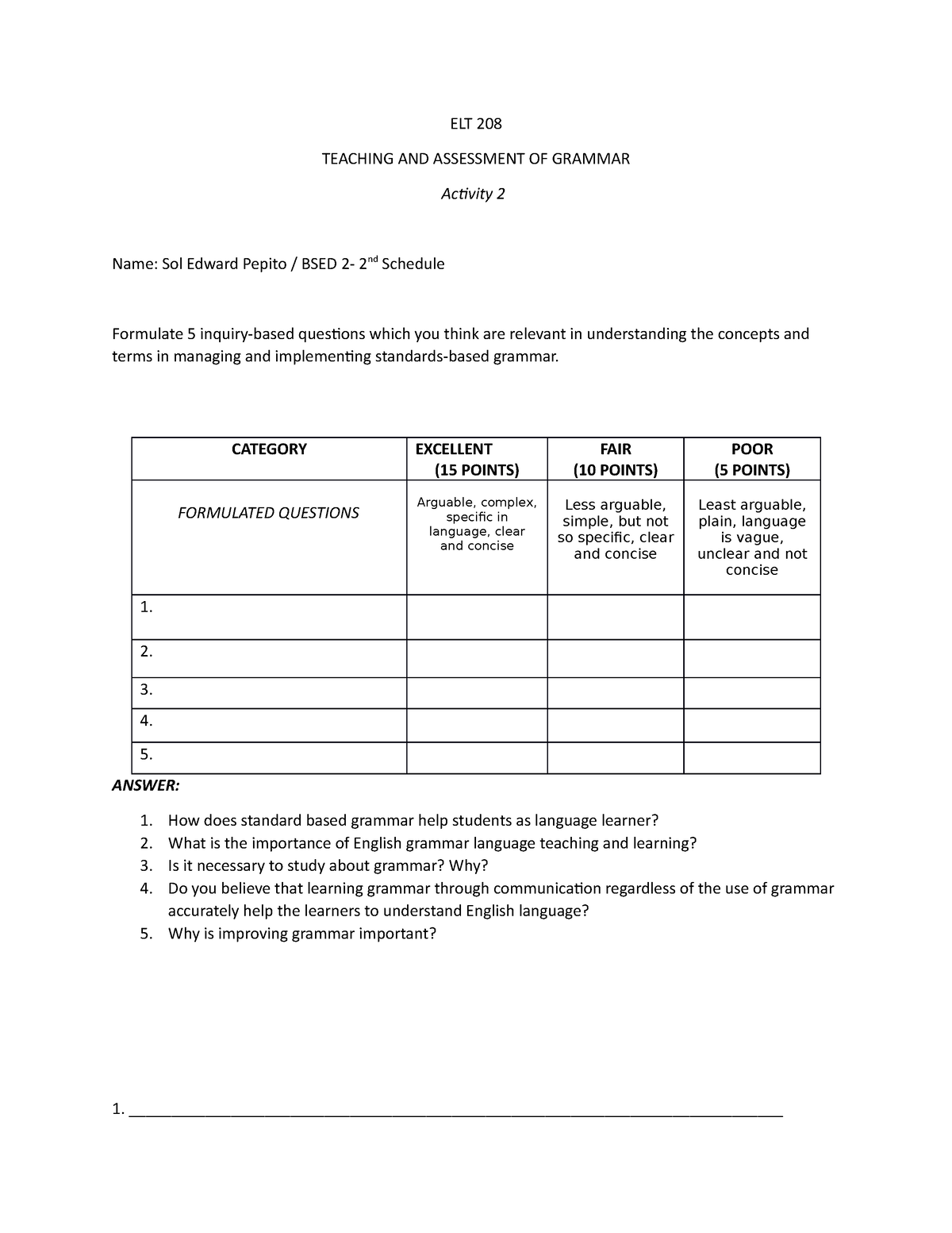 ELT 208 Activity 2 - Gytytyty - ELT 208 TEACHING AND ASSESSMENT OF ...