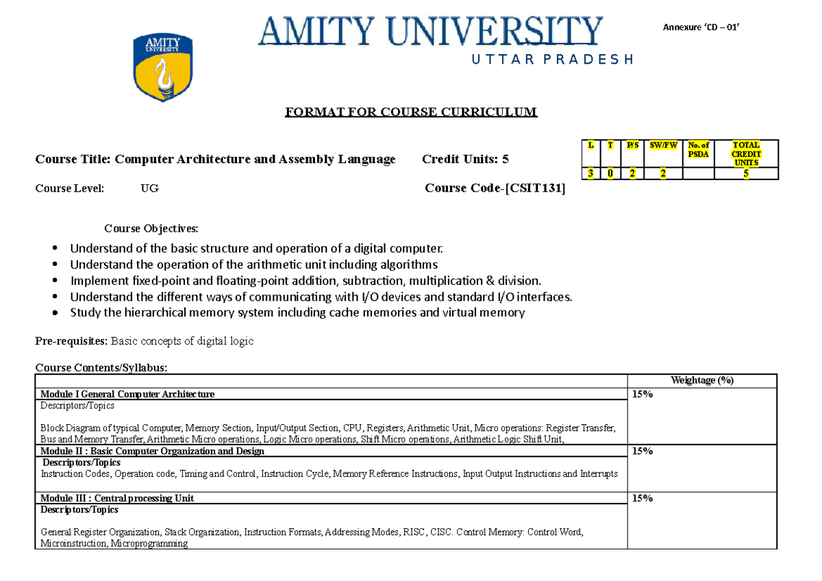 CAAL - i don't want to add much - Annexure ‘CD – 01’ FORMAT FOR COURSE ...