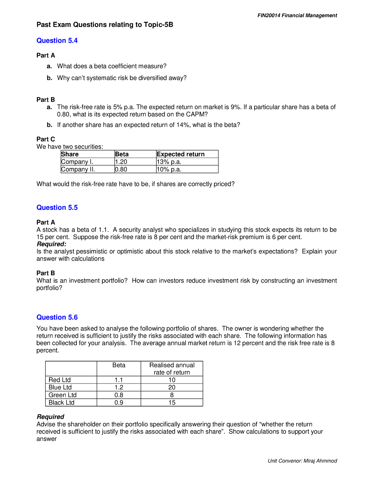 FIN20014 Topic 5B Questions N Solutions - Past Exam Questions Relating ...