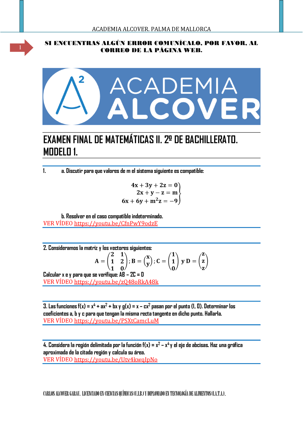 Examen Final De Matematicas Ii 2 De Bachillerato - ACADEMIA ALCOVER ...