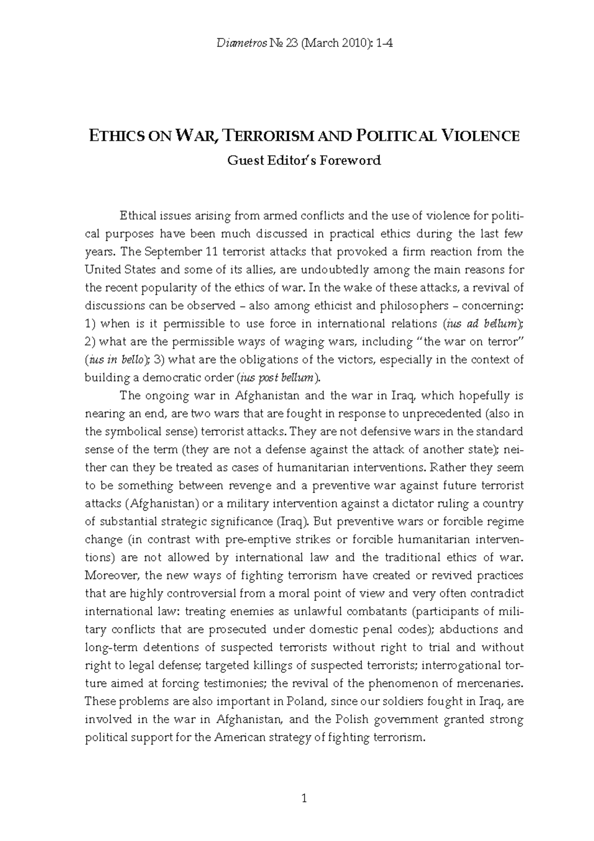 Ethics on War and Terrorism and Political Violence - Diametros No 23 ...