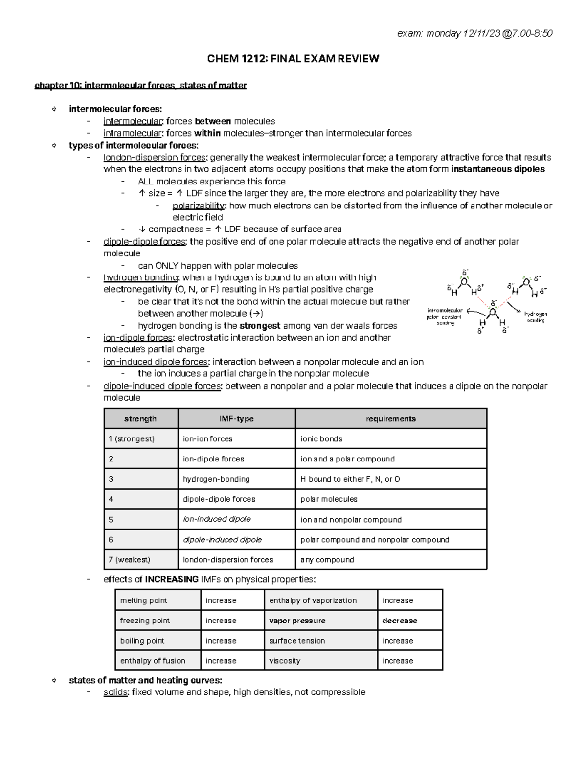 CHEM 1212 Final EXAM Review - exam: monday 12/11/23 @7:00-8: CHEM 1212 ...