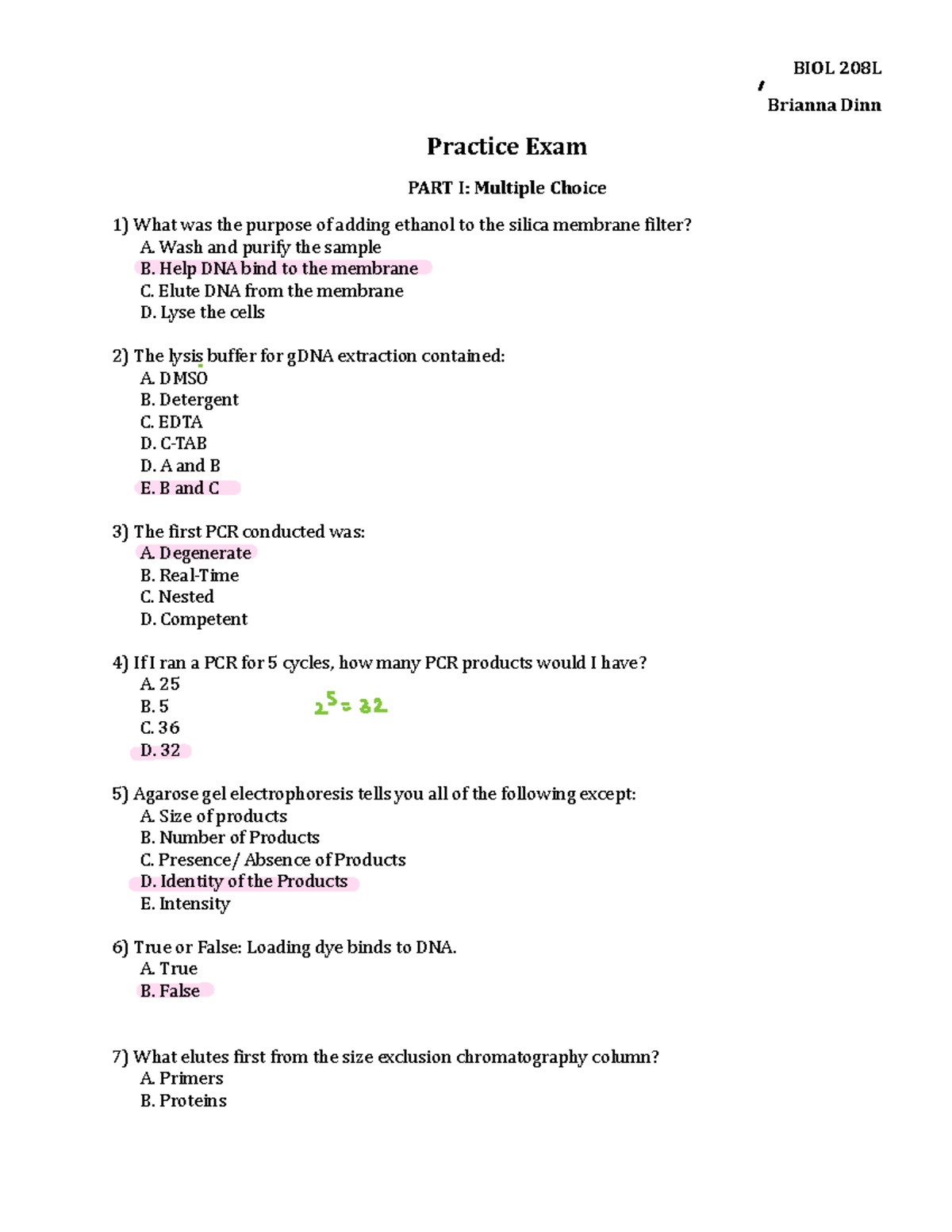 Practice Exam 2023 michael bertagna lab Brianna Dinn Practice Exam
