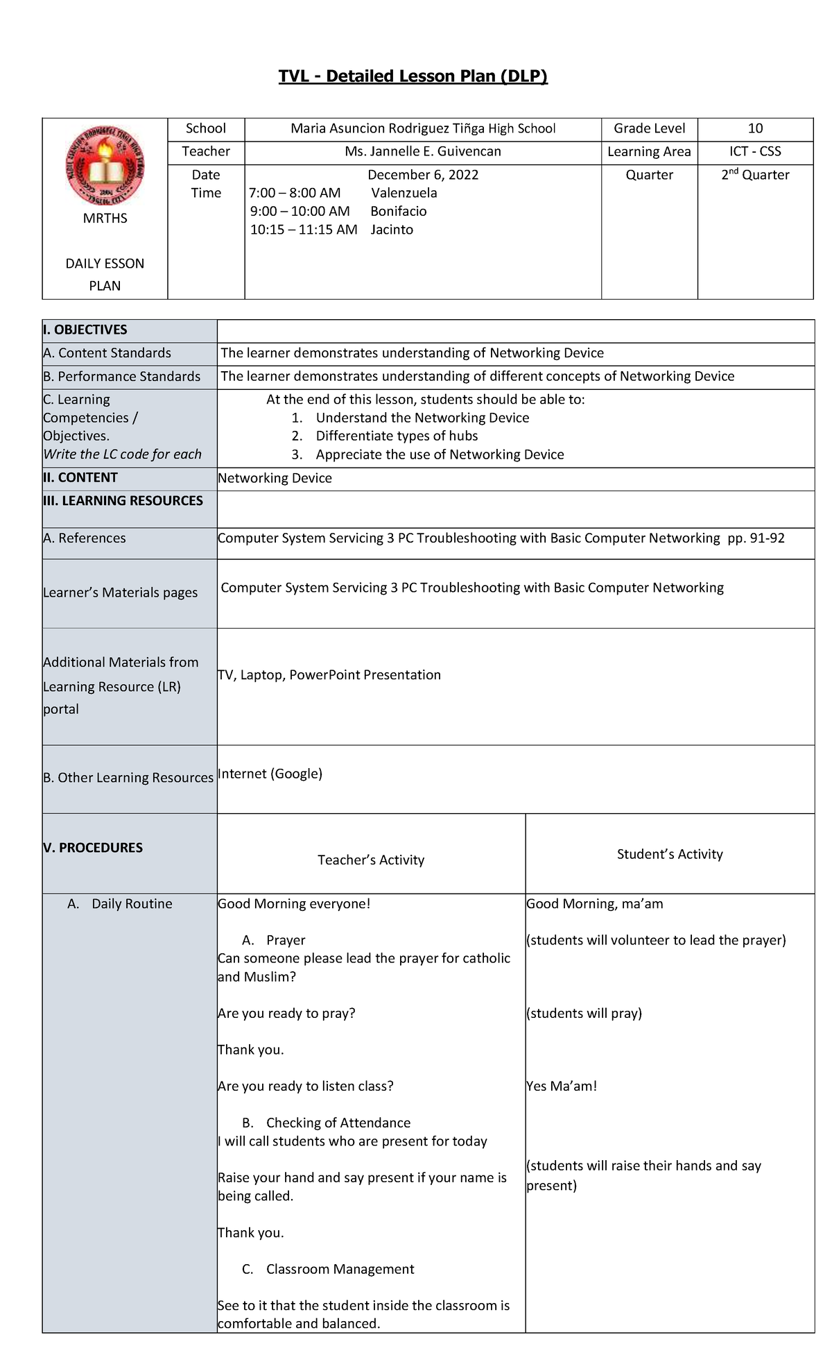 TVL EIM Daily lesson plan - TVL - Detailed Lesson Plan (DLP) MRTHS ...