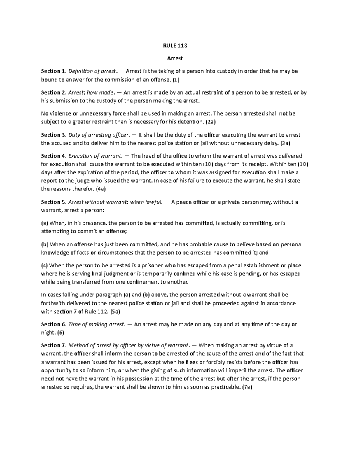 RULE 113 My assignment RULE 113 Arrest Section 1. Definition of