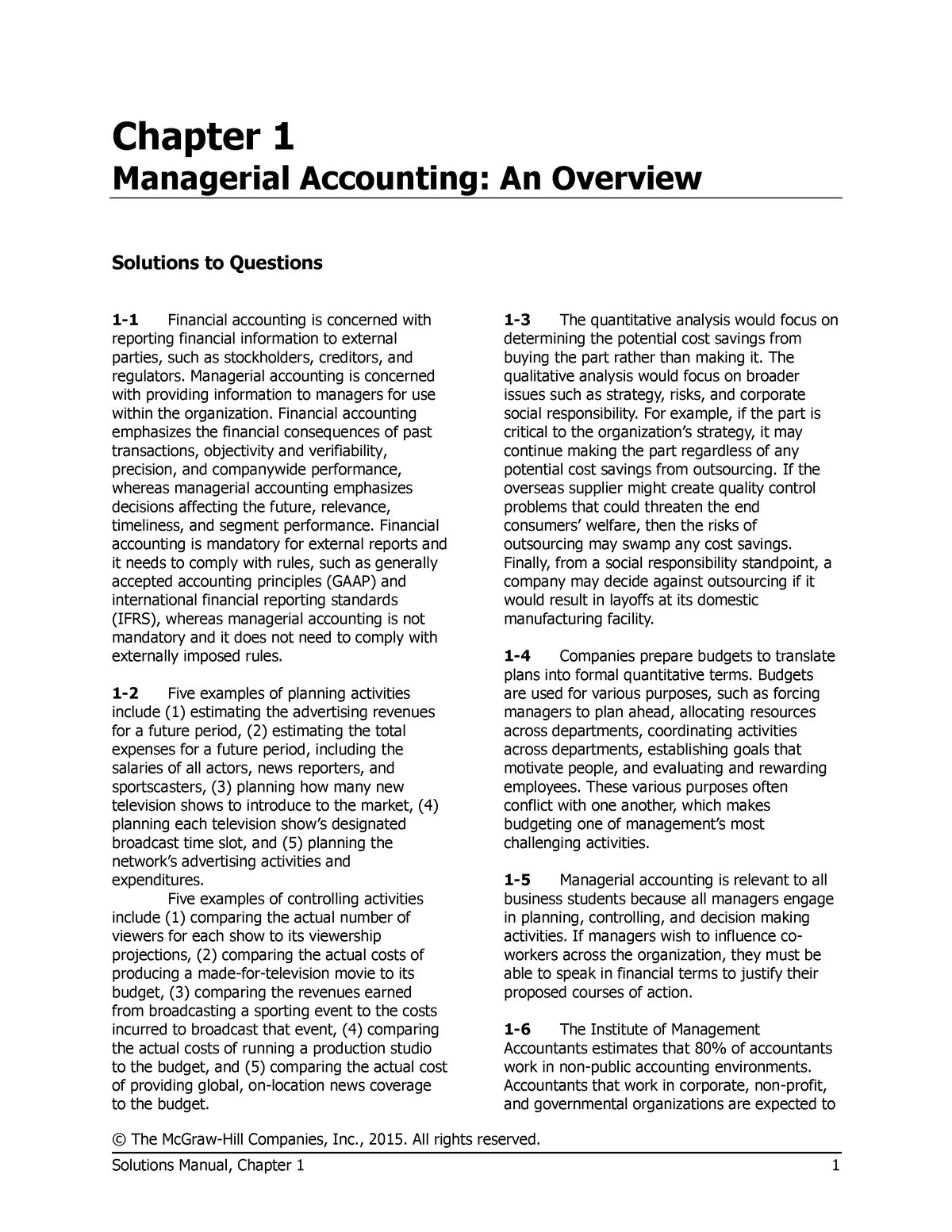 Chapter 1 Managerial Accounting An Overv - © The McGraw-Hill Companies ...