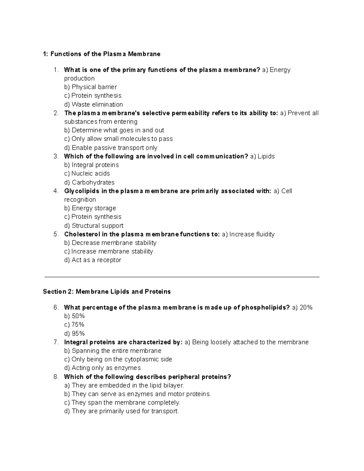 Plasma Membrane Q - bmjn - 1: Functions of the Plasma Membrane 1. What ...