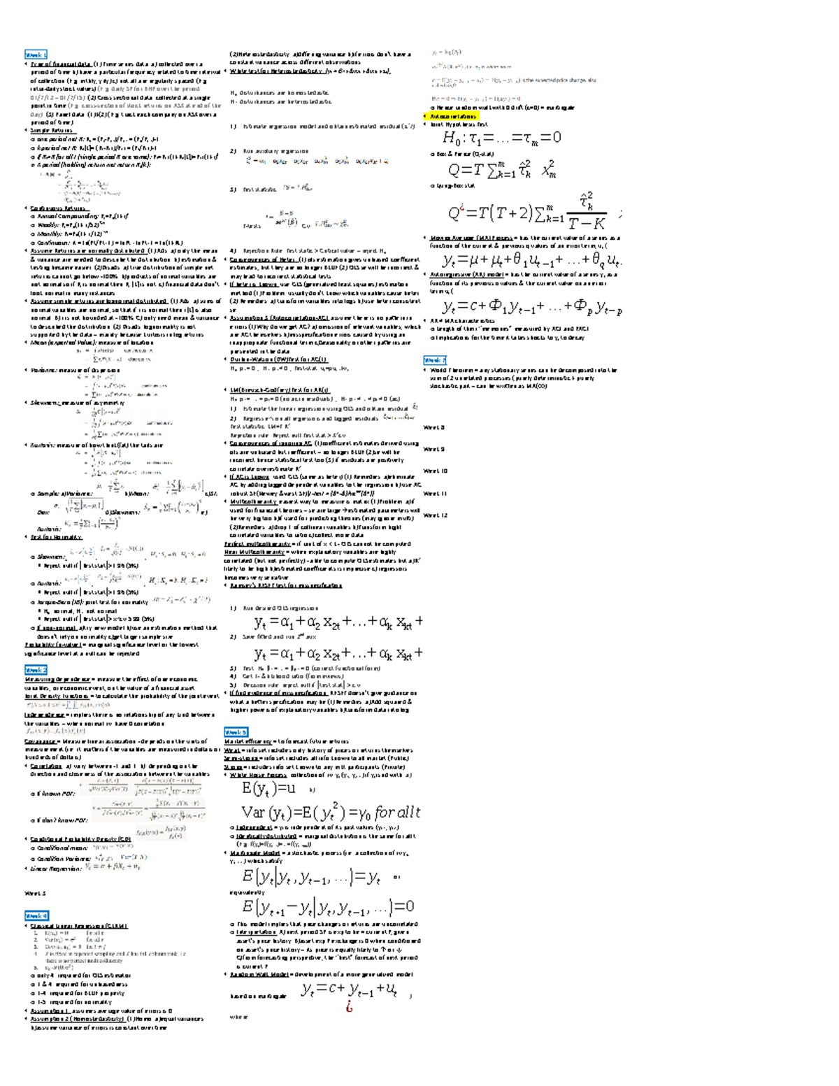 ECON334 Cheat sheet - Week 1 Type of financial data: (1) Time series ...