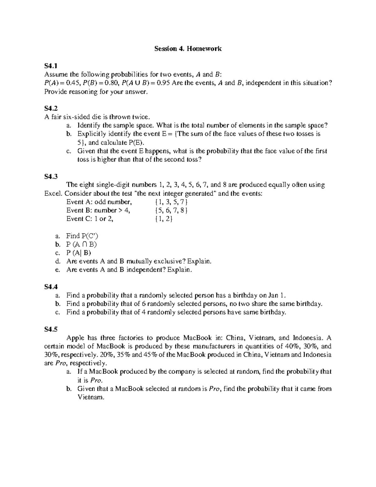 HW2 - bai thay tuan isb - Session 4. Homework S4. Assume the following ...