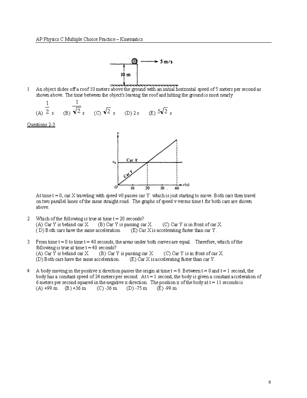 1 - Kinematics - Practice from MIT workbook - AP Physics C Multiple ...