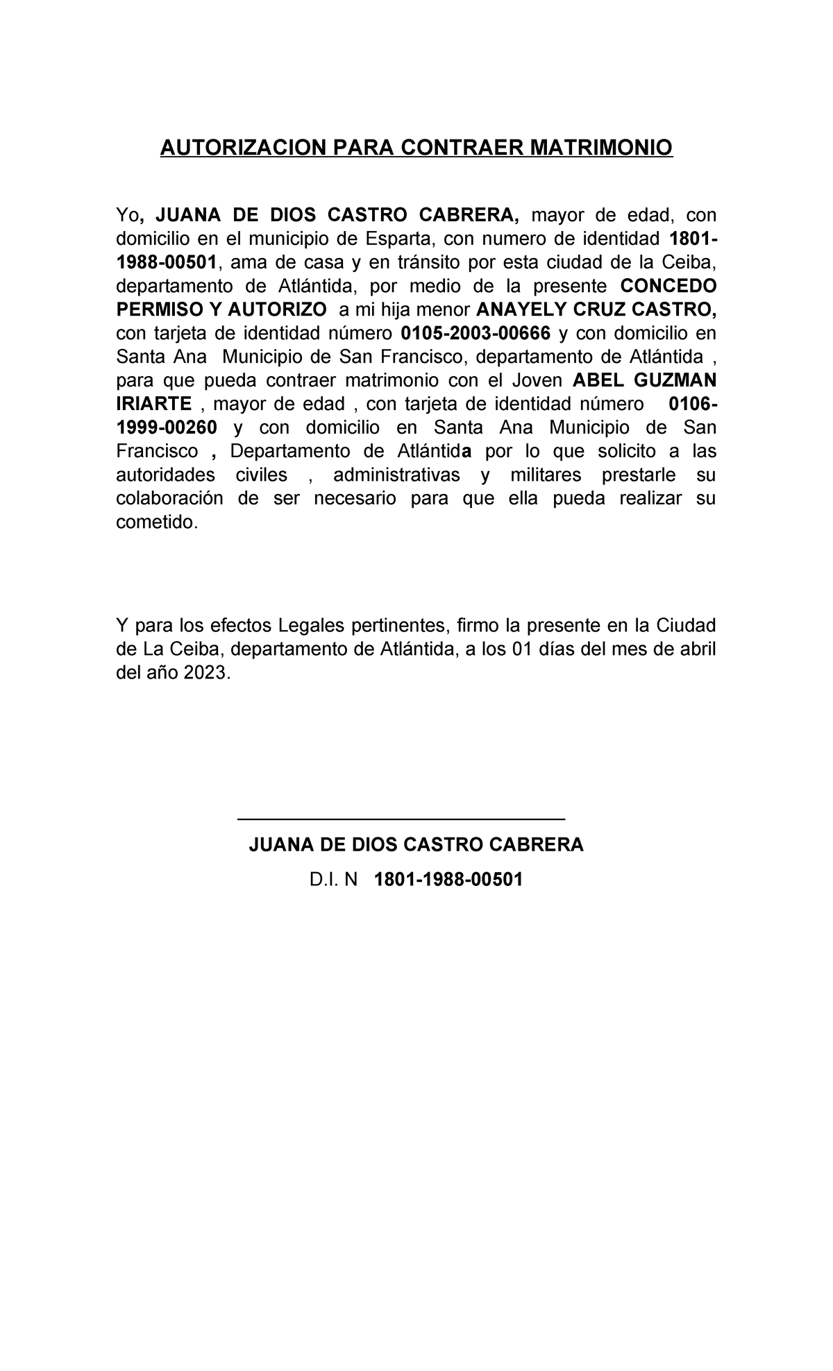 Autorizacion PARA Contraer Matrimonio - AUTORIZACION PARA CONTRAER ...