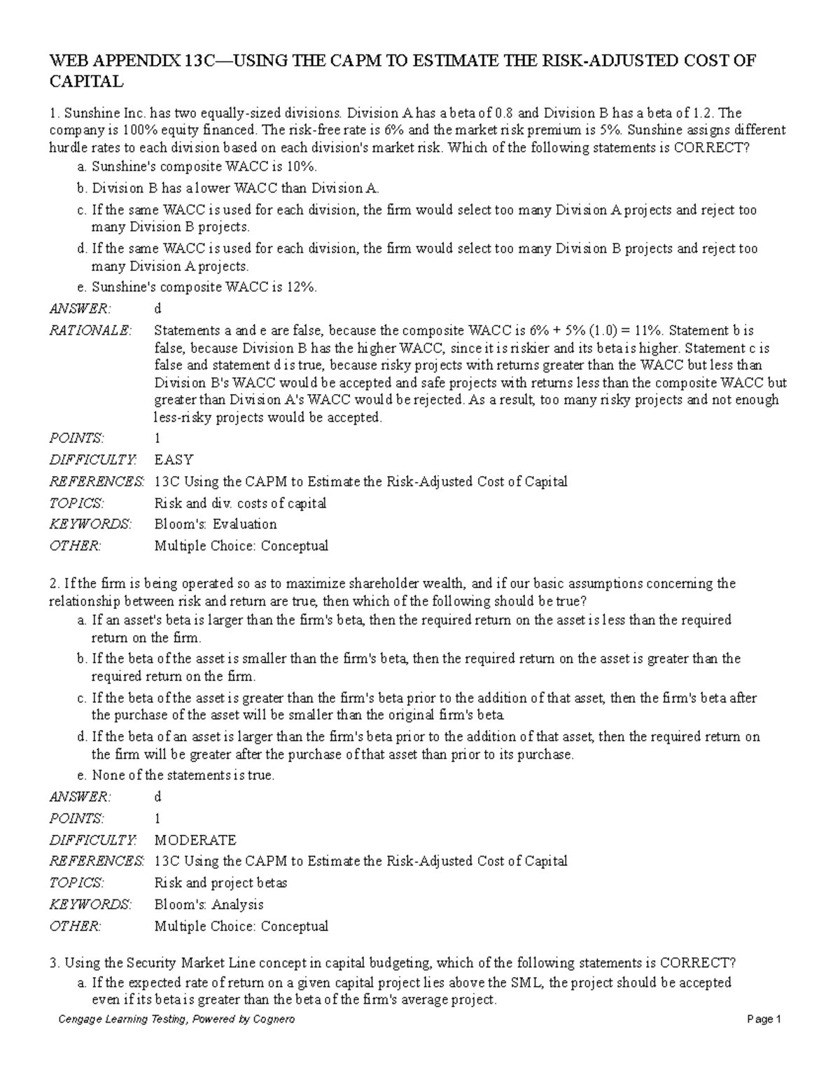 WEB Appendix 13C Using THE CAPM TO Estimate THE RISK Adjusted COST OF ...