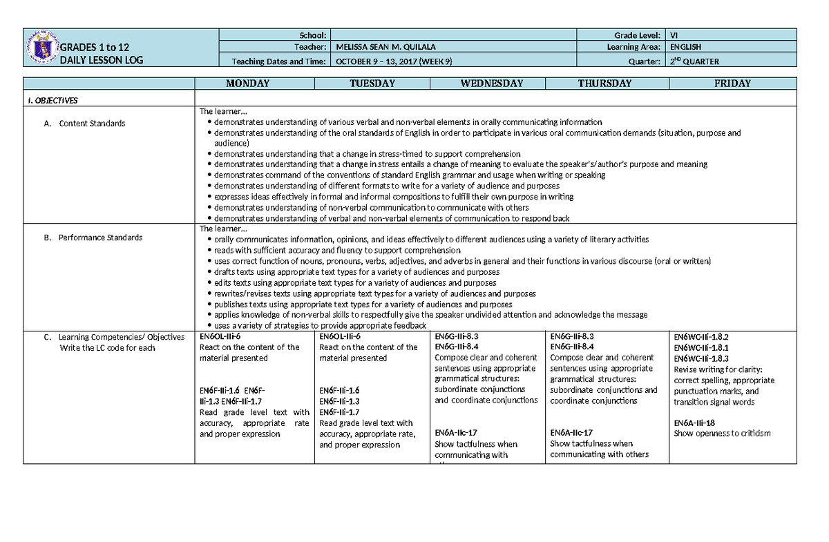 English 6 DLL Q2 W9 - Lesson Plan - GRADES 1 to 12 DAILY LESSON LOG ...