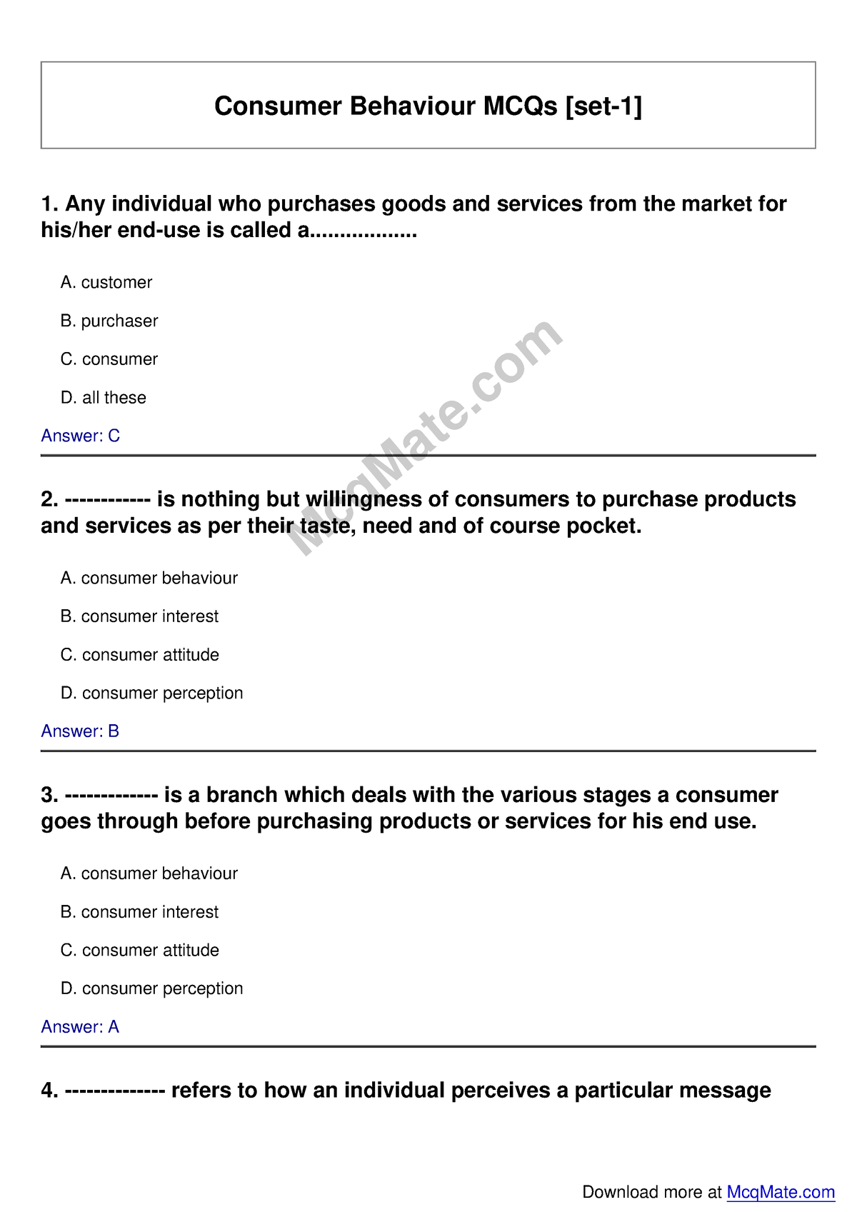 Consumer-behaviour Solved MCQs [set-1] Mcq Mate - Consumer Behaviour ...