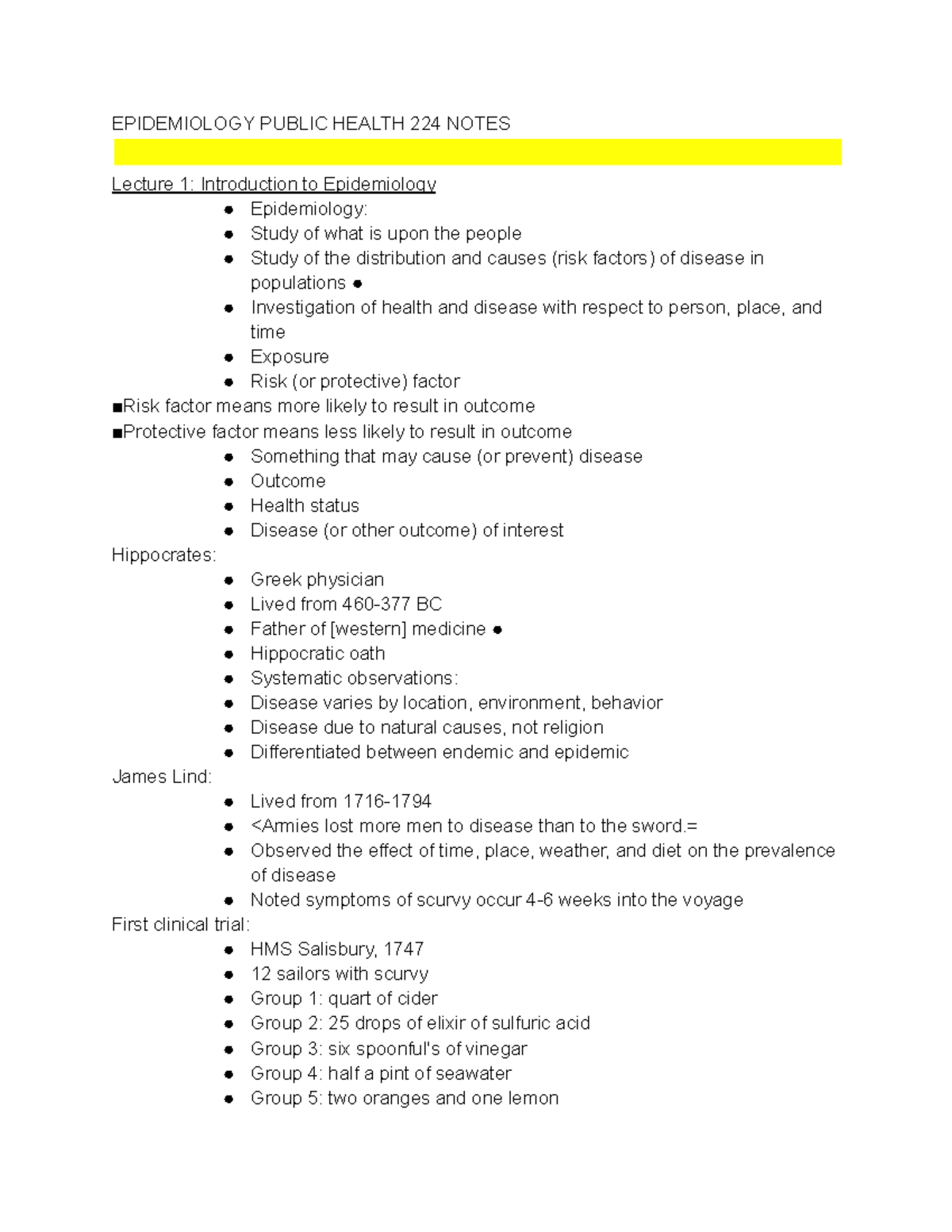 224 Lecture 1 - EPIDEMIOLOGY PUBLIC HEALTH 224 NOTES Lecture 1 ...