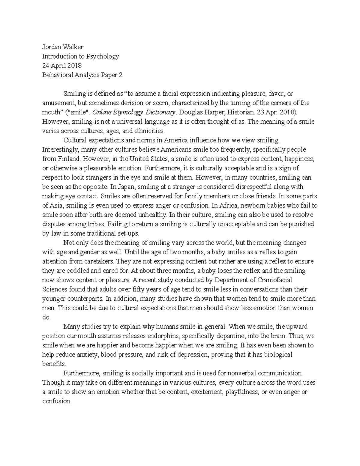 Behavioral Analysis Paper 2 - Jordan Walker Introduction to Psychology ...