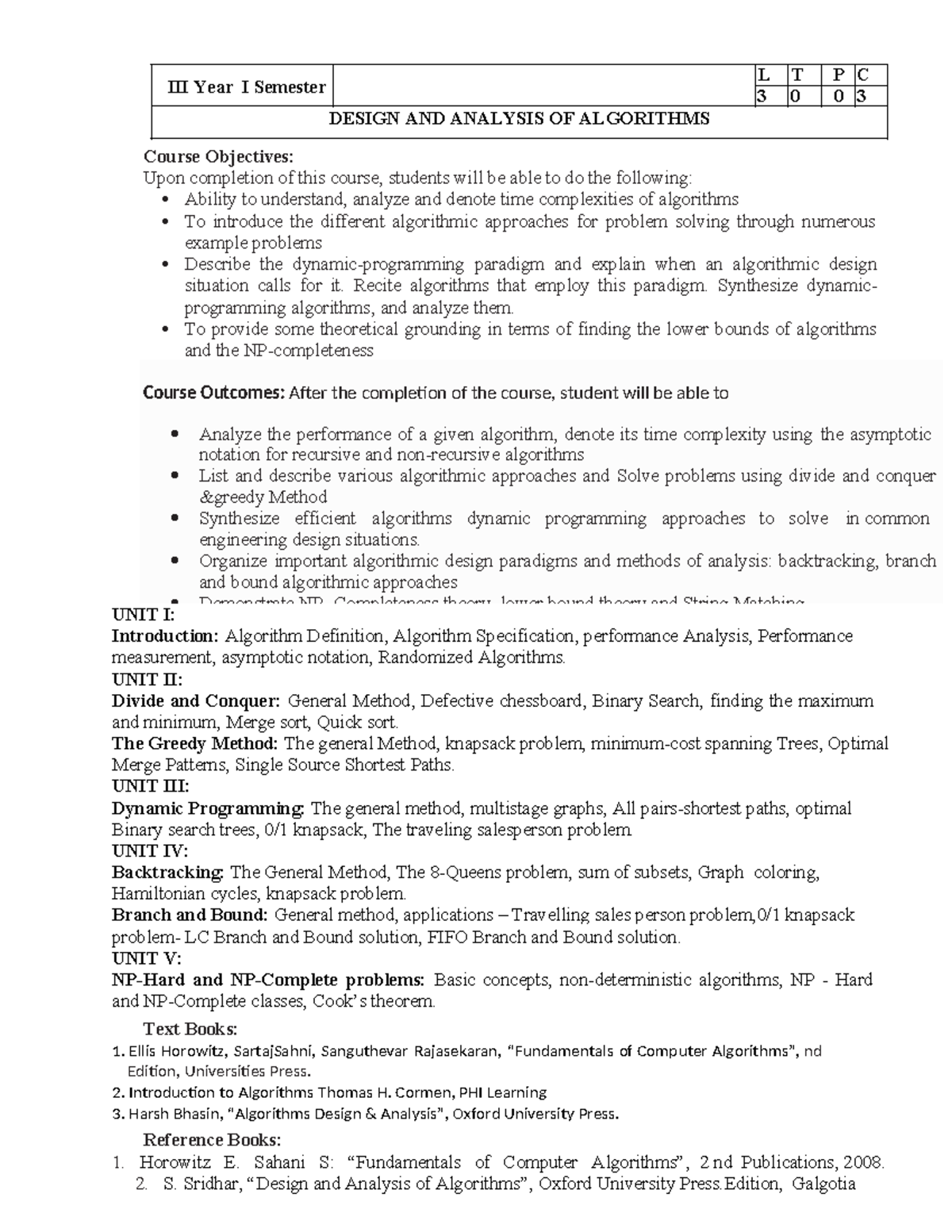Daa rm21 syllabus - DAA SYLLBUS - Course Objectives: Upon completion of ...