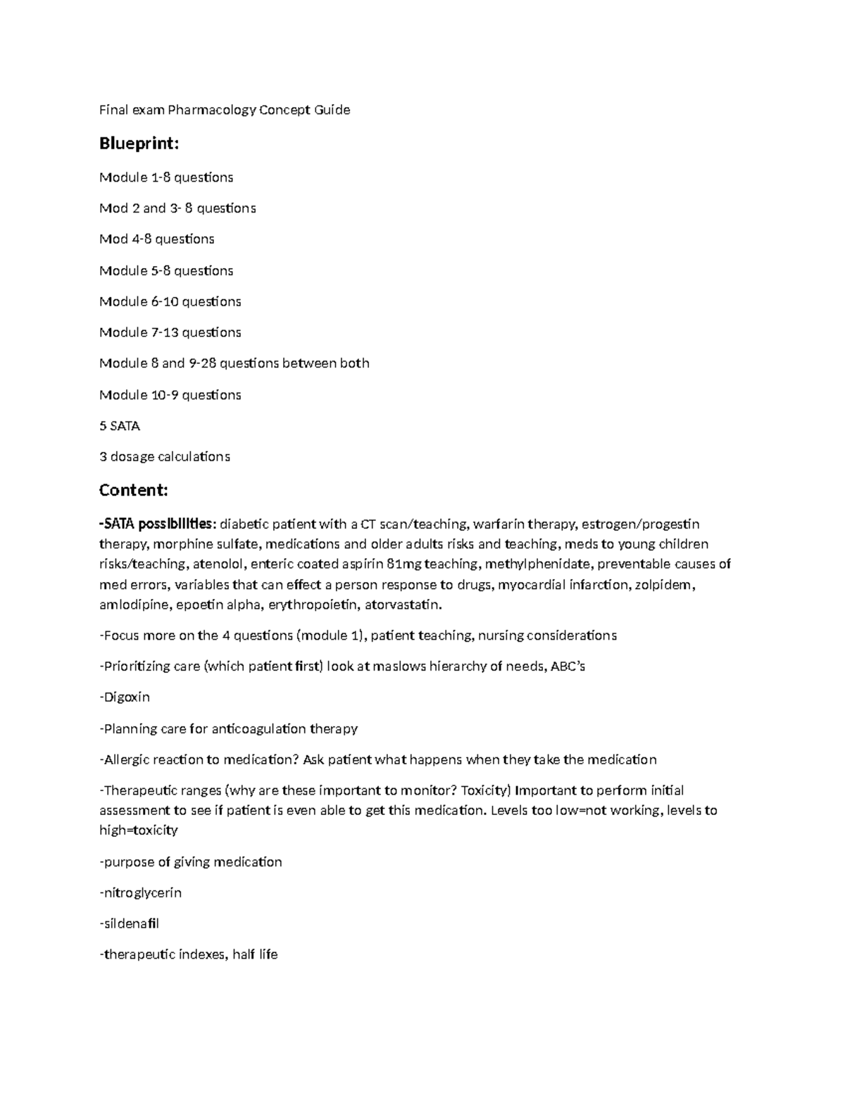Final exam review pharm - Final exam Pharmacology Concept Guide ...