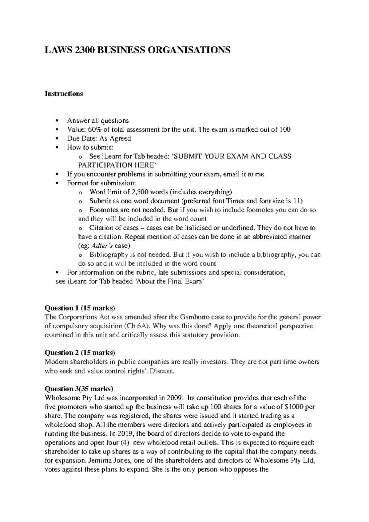 Supplementary Exam LAWS2300 2020 - LAWS 2300 BUSINESS ORGANISATIONS ...