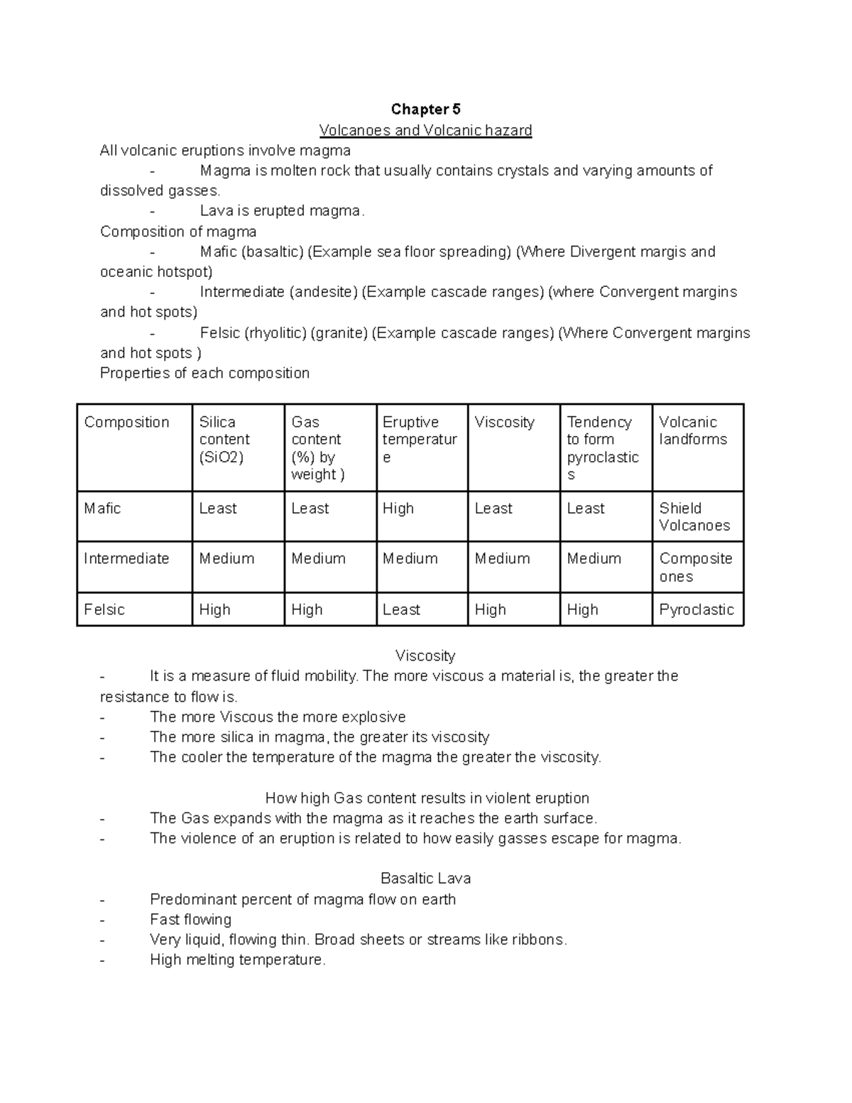 Geology Notes for chapter 5 Chapter 5 Volcanoes and Volcanic hazard