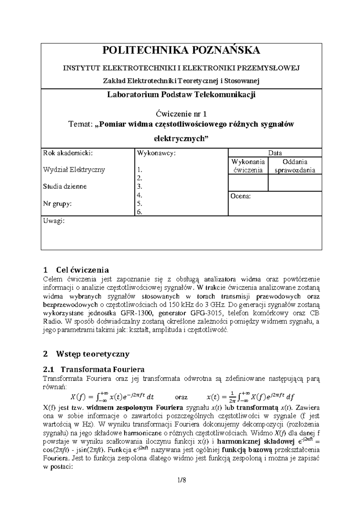 Cw1 WDT - „Pomiar widma częstotliwościowego różnych sygnałów