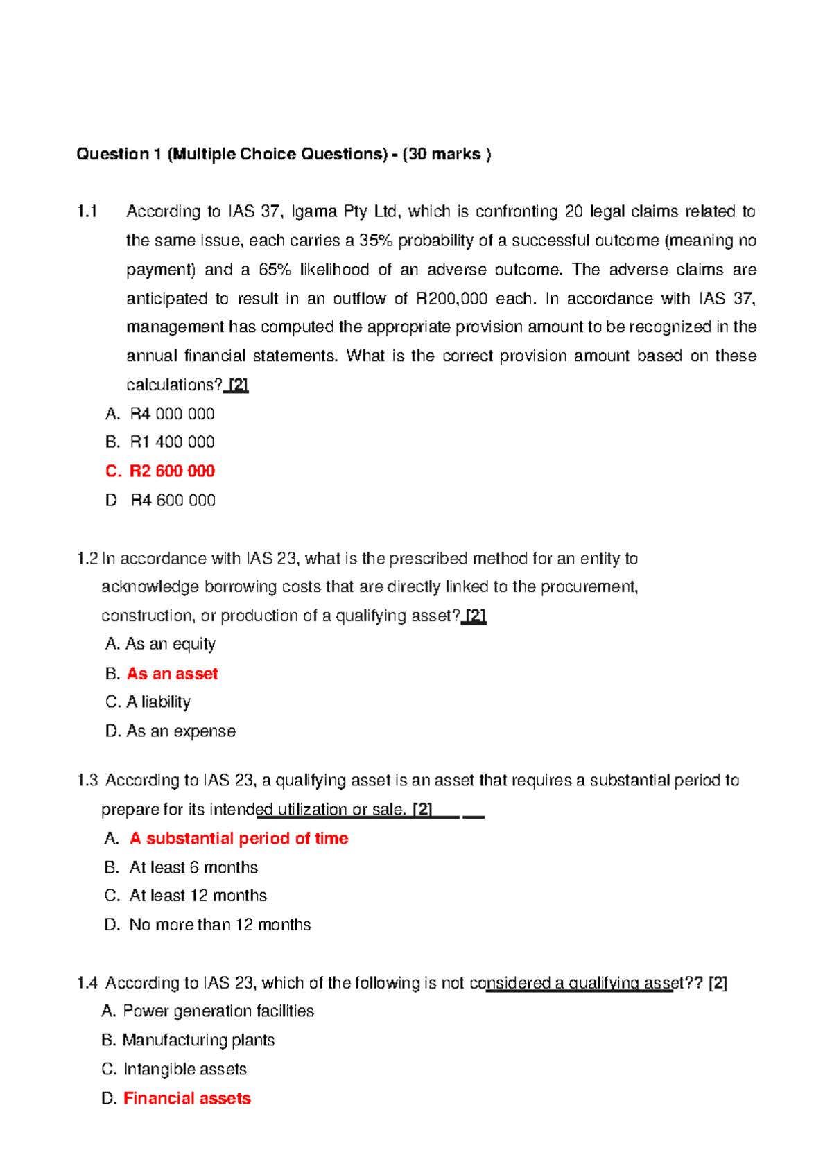 Financial Accounting 28062024 Question 1 (Multiple Choice