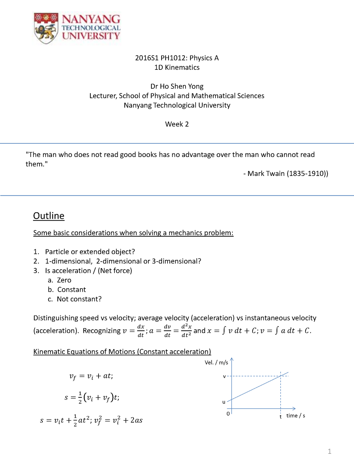 2016 - 02bc Basic Mechanics 1 - 1D Kinematics - 2016S1 PH1012: Physics ...