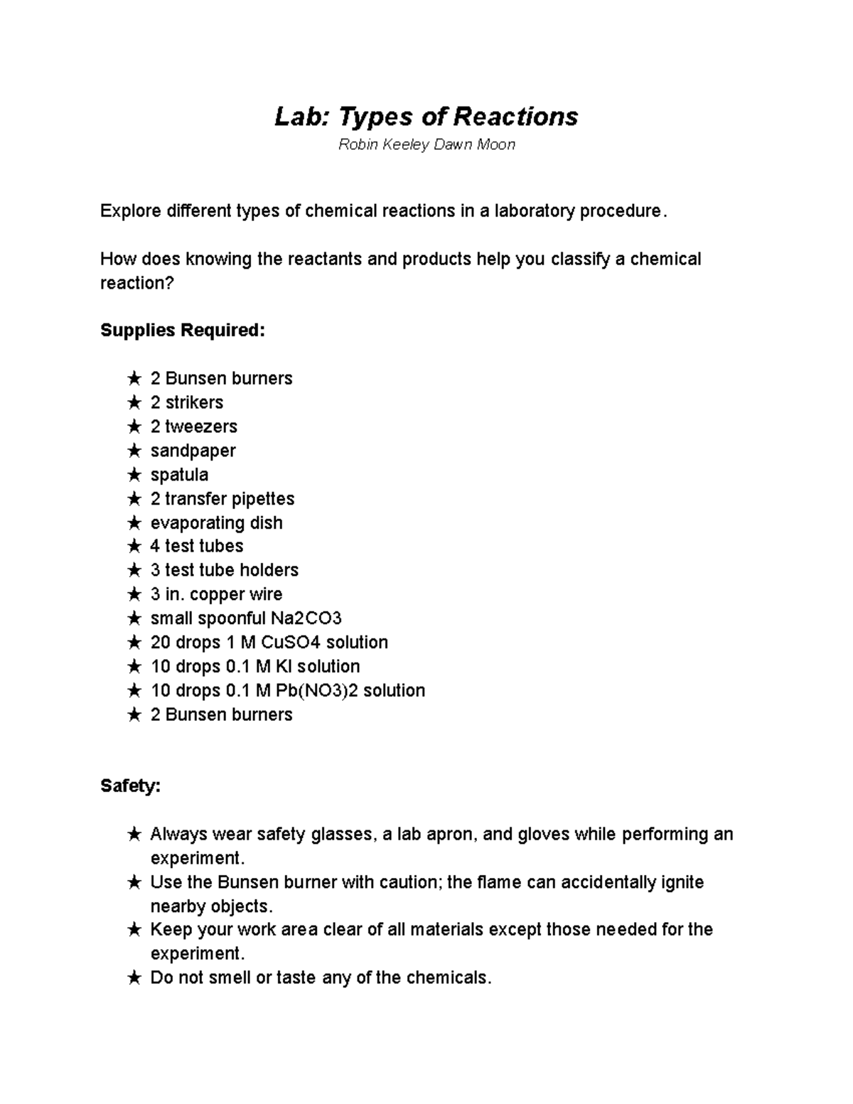 lab types of reactions assignment lab report