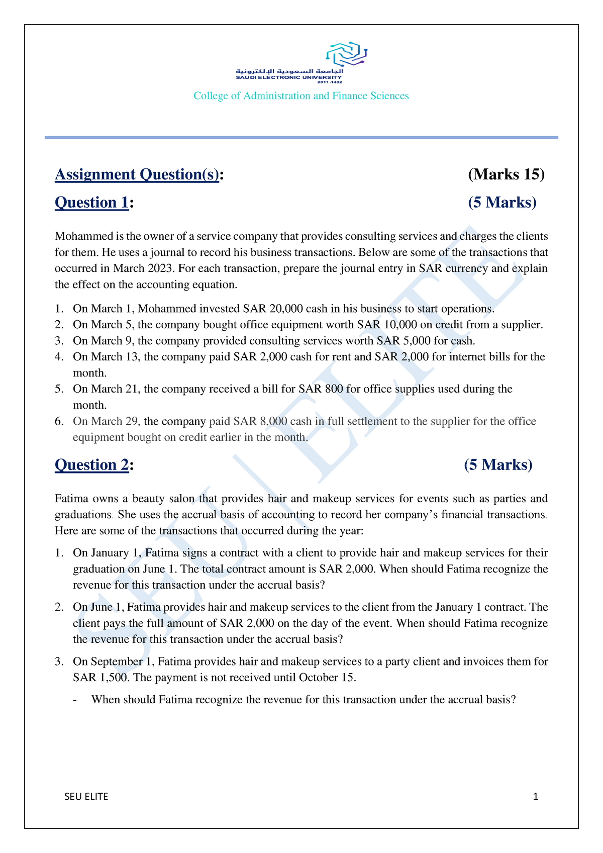 ACCT101 Assignment-1 - RRR - Assignment Question(s): (Marks 15 ...