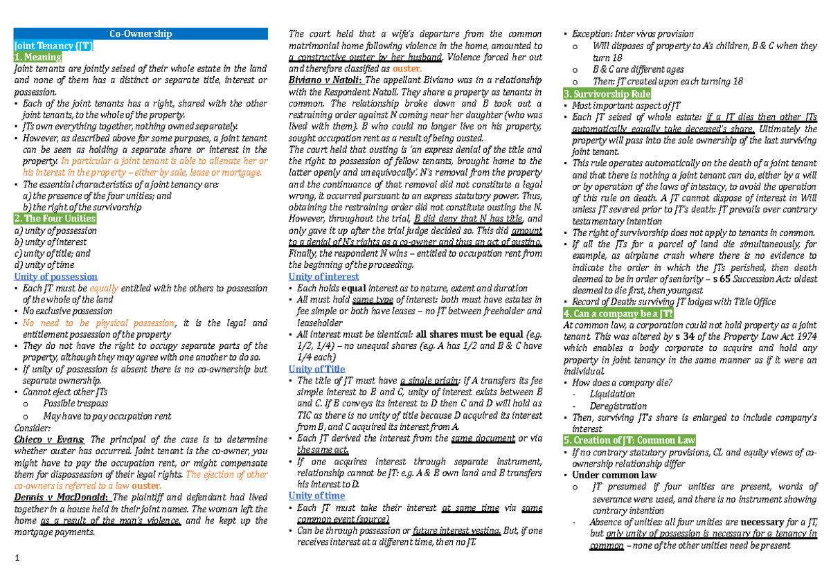 Property B More precise notes - **Co-Ownership Joint Tenancy (JT ...