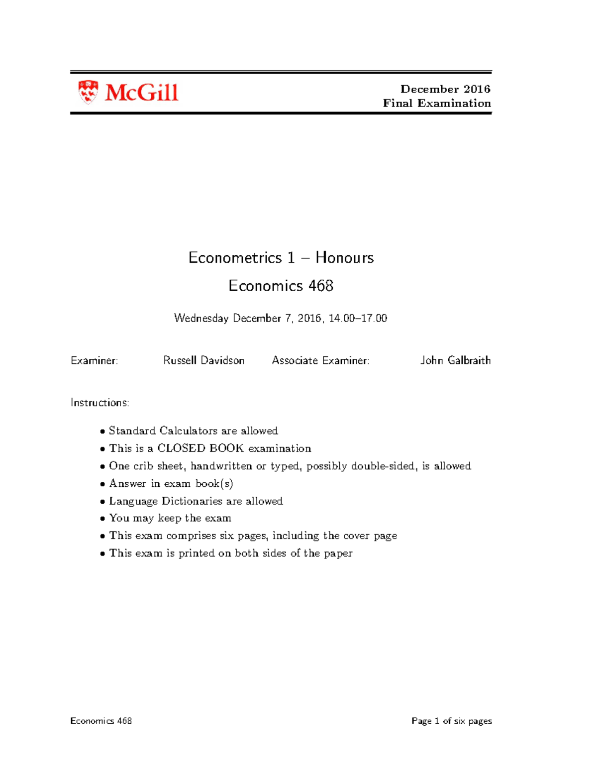 Final Exam 2019. - December 2016 Final Examination Econometrics 1 ...