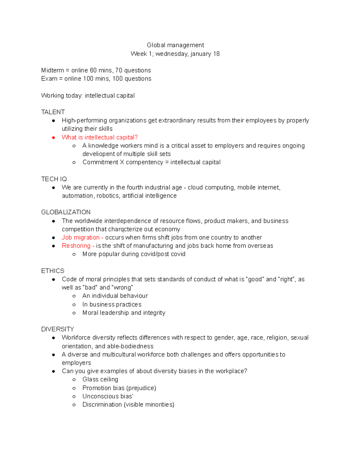 Week 1 lecture notes - Global management Week 1; wednesday, january 18 ...